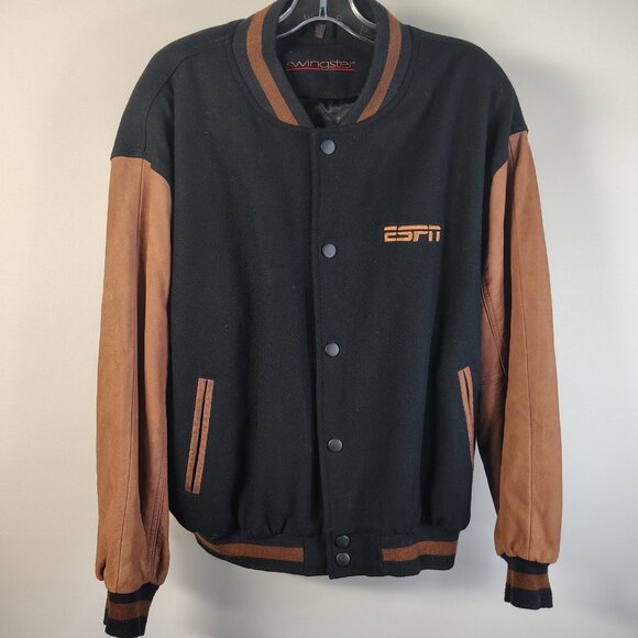 VINTAGE ESPN Letterman Varsity Bomber Jacket Black Brown Wool Leather Large - Picture 1 of 15